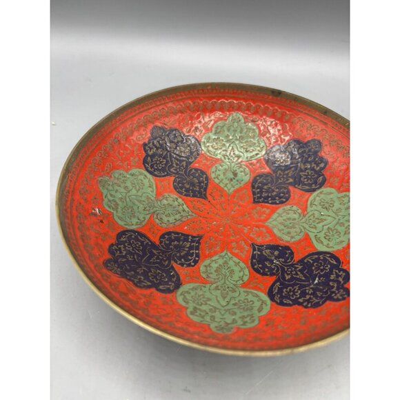 Vtg Brass Bowl Enameled Intricate Red Floral Design‎ 6" Decor - Picture 5 of 6